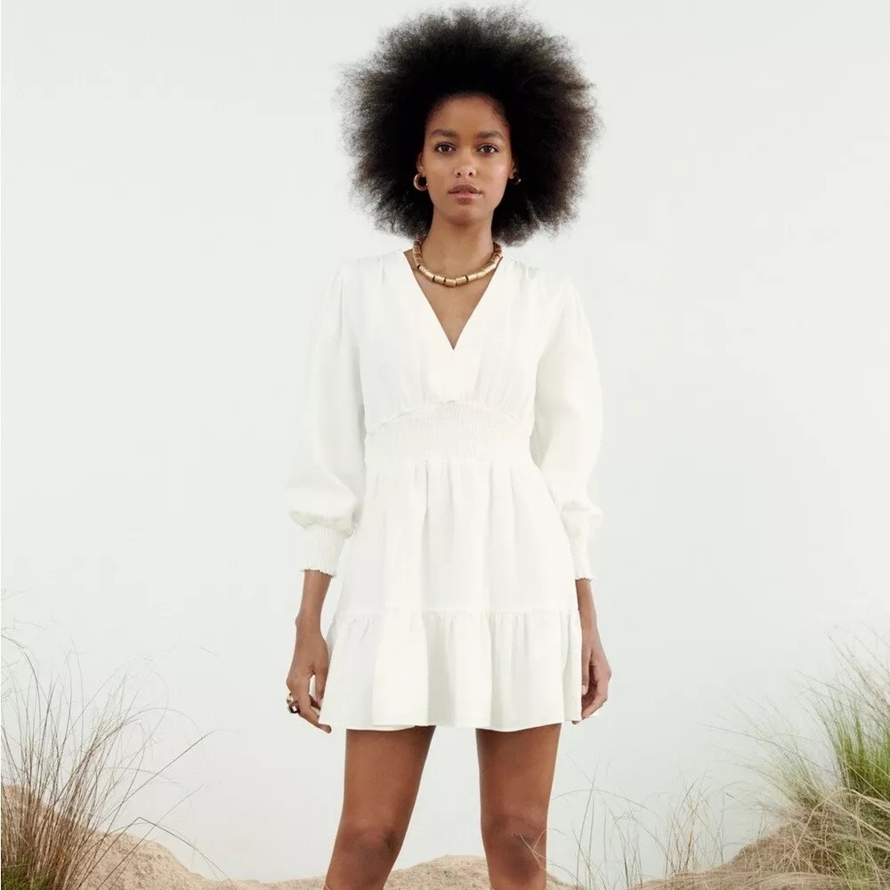 NWT Zara linen blend dress long sleeve white ivory